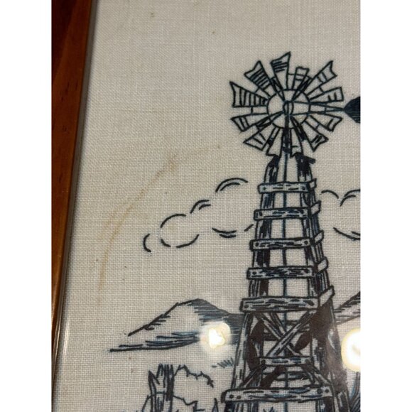 Vintage Windmill Embroidery Art In Wooden Frame - Picture 3 of 4